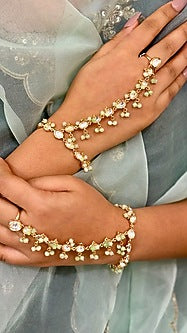 Gold Finish Kundan Polki & Green Beaded Handcrafted Enameled Hathphool (Set Of 2)