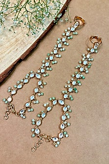 Gold Finish Kundan Polki & Green Beaded Handcrafted Enameled Hathphool (Set Of 2)