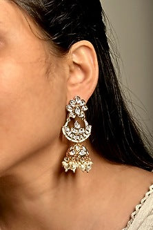 Gold Finish Kundan Polki Long Jhumka Earrings