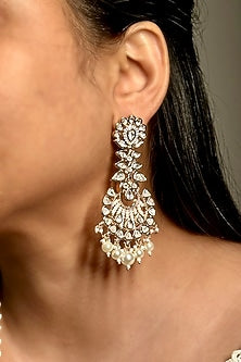 Gold Finish Kundan Polki & Pearl Long Dangler Earrings