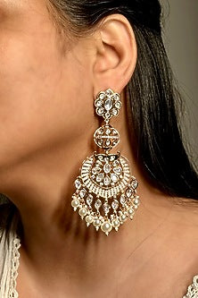 Gold Finish Kundan Polki & Pearl Long Dangler Earrings