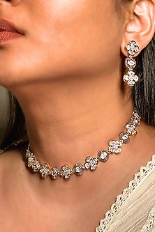 Gold Finish Kundan Polki & Lilac Stone Enameled Choker Necklace Set