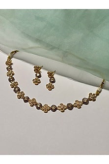 Gold Finish Kundan Polki & Lilac Stone Enameled Choker Necklace Set