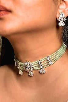 Gold Finish Kundan Polki & Light Green Beaded Enameled Choker Necklace Set