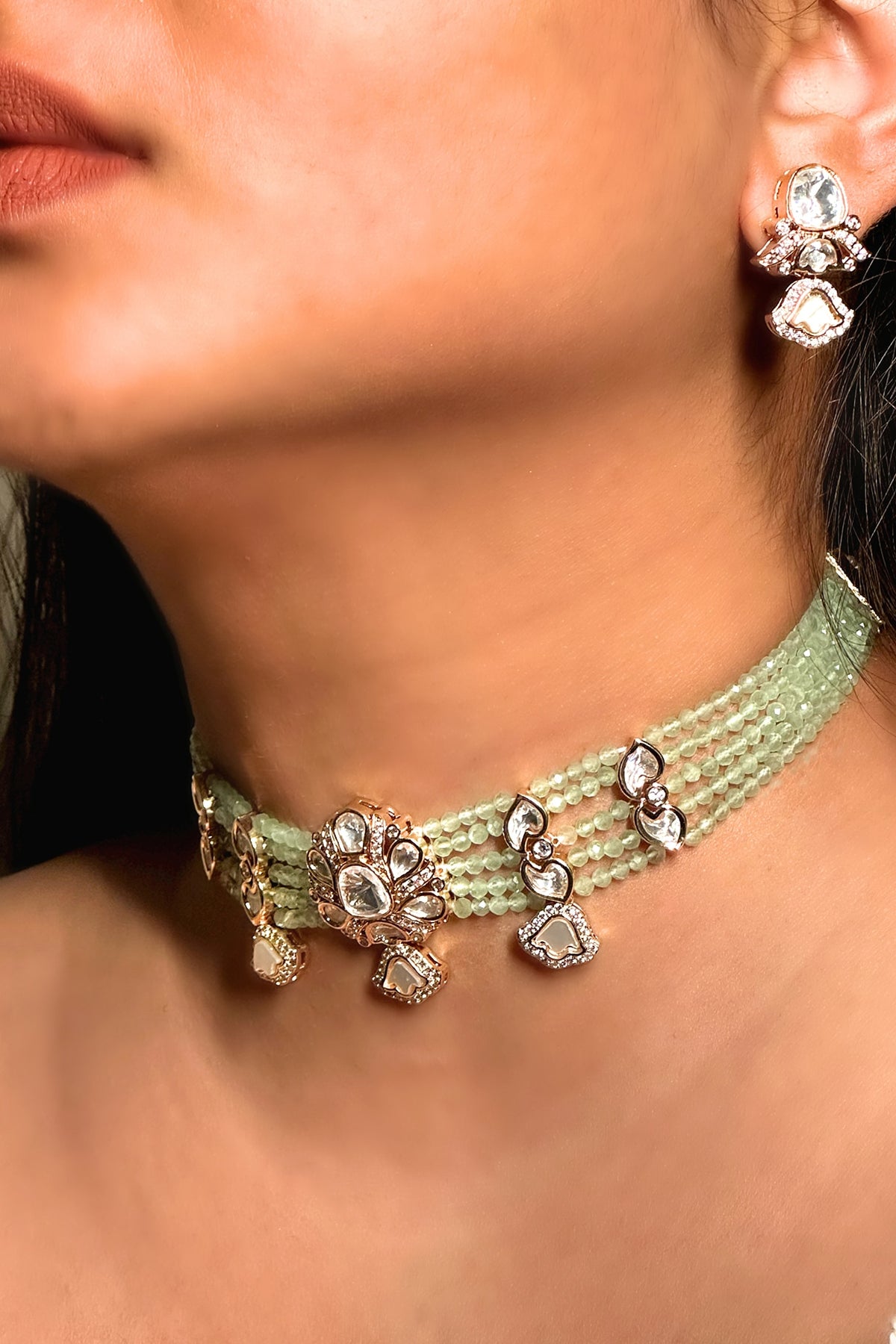 Gold Finish Kundan Polki & Light Green Beaded Enameled Choker Necklace Set