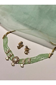 Gold Finish Kundan Polki & Light Green Beaded Enameled Choker Necklace Set