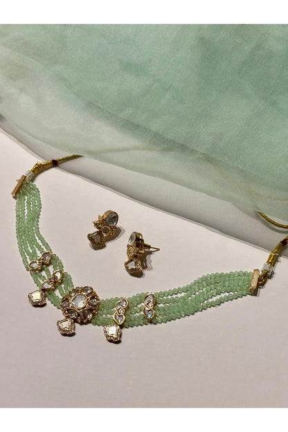 Gold Finish Kundan Polki & Light Green Beaded Enameled Choker Necklace Set
