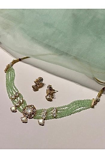 Gold Finish Kundan Polki & Light Green Beaded Enameled Choker Necklace Set