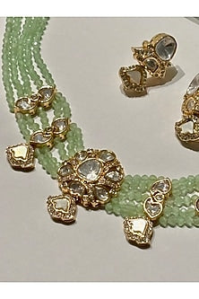 Gold Finish Kundan Polki & Light Green Beaded Enameled Choker Necklace Set