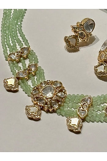 Gold Finish Kundan Polki & Light Green Beaded Enameled Choker Necklace Set