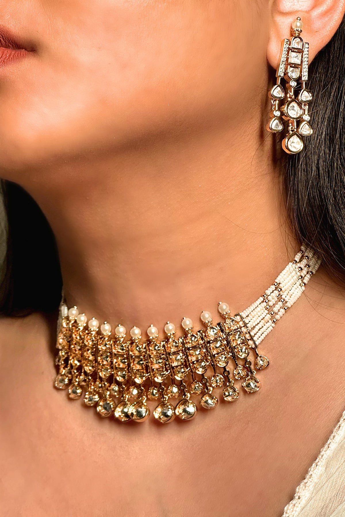 Gold Finish Kundan Polki & Pearl Enameled Choker Necklace Set