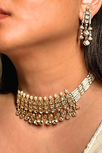 Gold Finish Kundan Polki & Pearl Enameled Choker Necklace Set