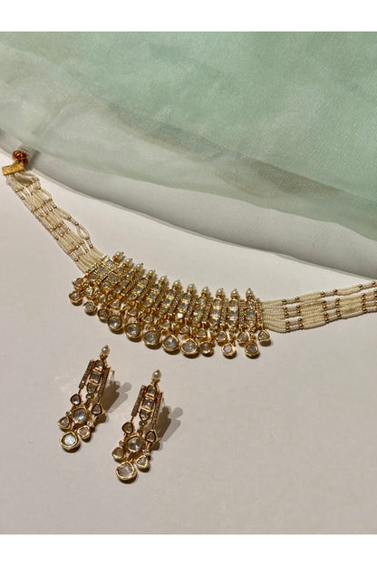 Gold Finish Kundan Polki & Pearl Enameled Choker Necklace Set