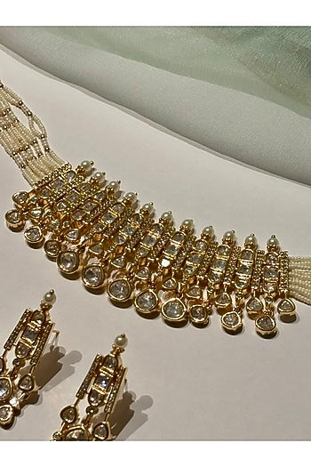 Gold Finish Kundan Polki & Pearl Enameled Choker Necklace Set