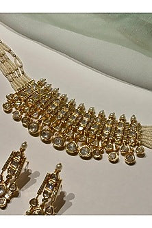 Gold Finish Kundan Polki & Pearl Enameled Choker Necklace Set
