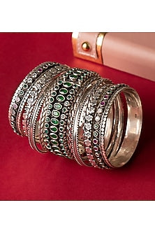 Silver Finish Handcrafted Bangles In Sterling Silver (Set of 11)