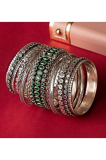 Silver Finish Handcrafted Bangles In Sterling Silver (Set of 11)