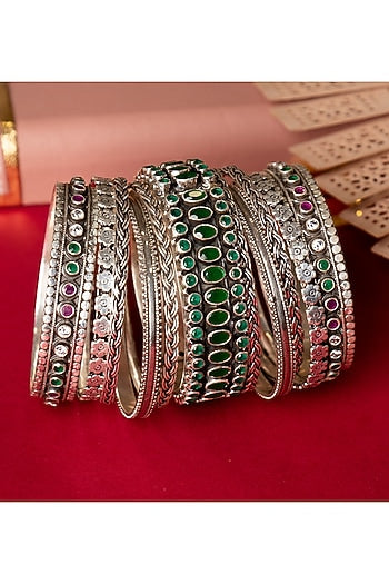 Silver Finish Handcrafted Bangles In Sterling Silver (Set of 11)