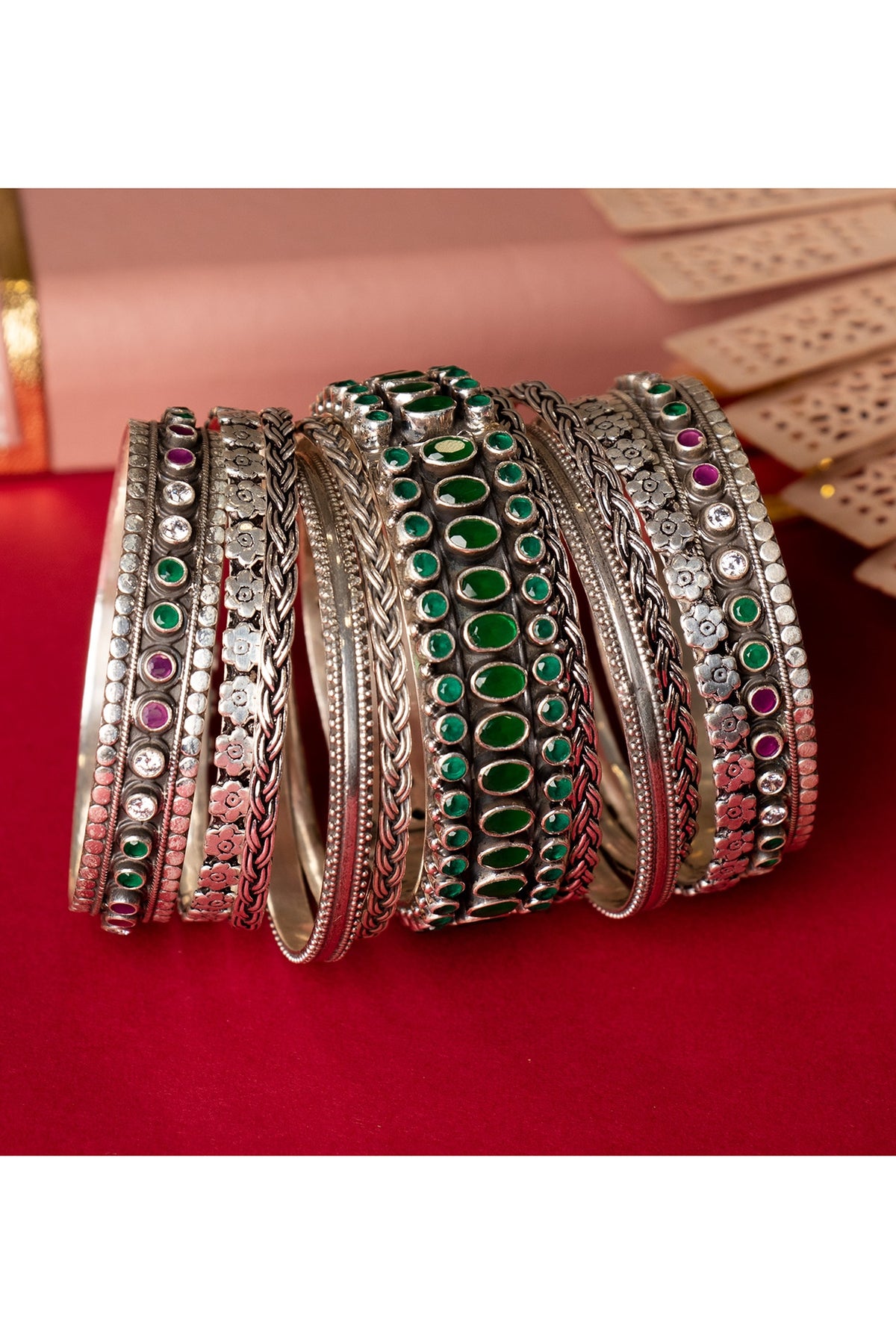 Silver Finish Handcrafted Bangles In Sterling Silver (Set of 11)