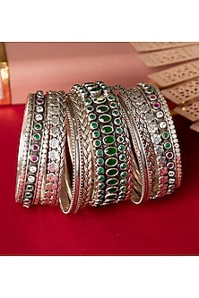 Silver Finish Handcrafted Bangles In Sterling Silver (Set of 11)