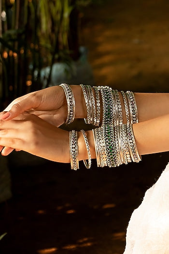 Silver Finish Handcrafted Bangles In Sterling Silver (Set of 11)