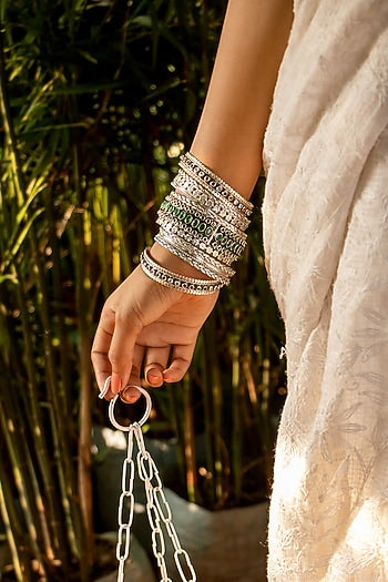 Silver Finish Handcrafted Bangles In Sterling Silver (Set of 11)