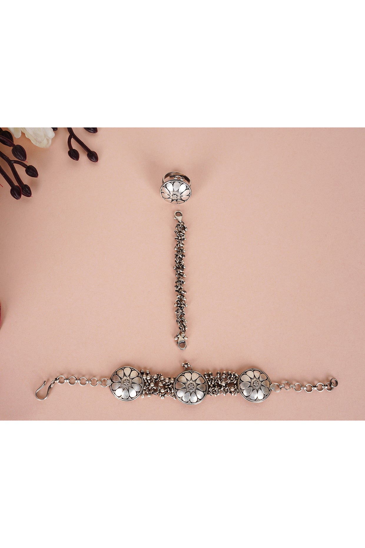 Silver Finish Handcrafted Hath Phool In Sterling Silver