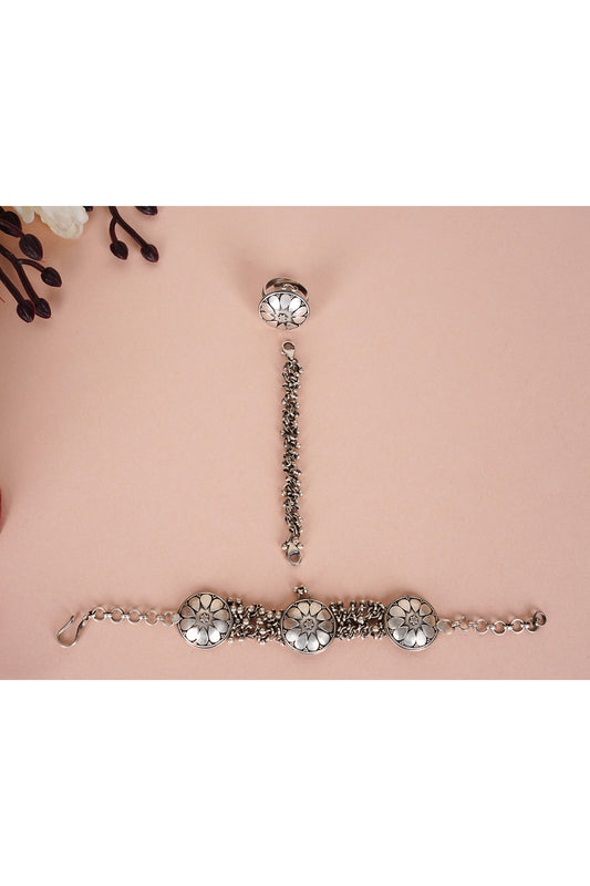 Silver Finish Handcrafted Hath Phool In Sterling Silver