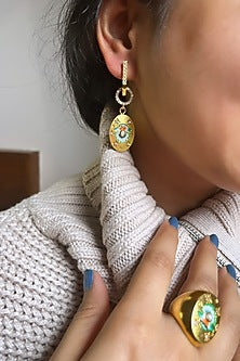 Gold Finish Hand Illustrated Motif Dangler Earrings