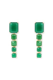 Gold Finish Synthetic Emerald Dangler Earrings In Sterling Silver