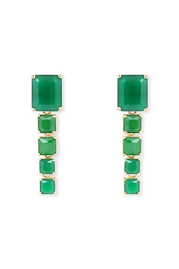 Gold Finish Synthetic Emerald Dangler Earrings In Sterling Silver