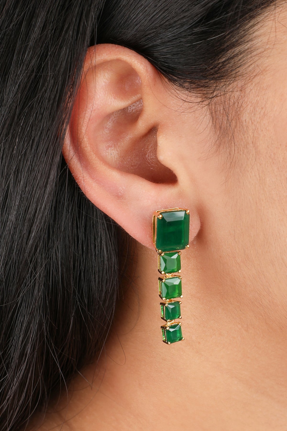 Gold Finish Synthetic Emerald Dangler Earrings In Sterling Silver