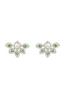 Gold Finish Synthetic Emerald Stud Earrings In Sterling Silver