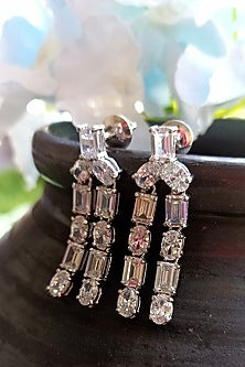 White Finish Zircons Dangler Earrings In Sterling Silver