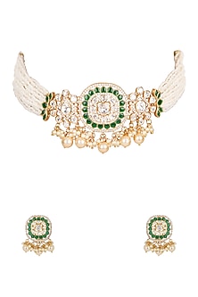 Gold Finish Kundan Polki Choker Necklace Set In Sterling Silver