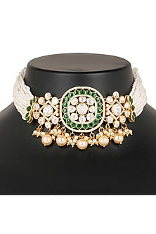 Gold Finish Kundan Polki Choker Necklace Set In Sterling Silver