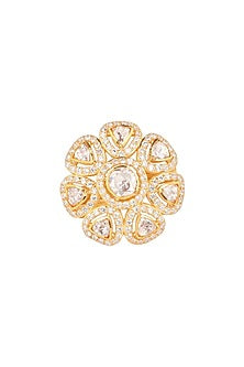 Gold Finish Kundan Polki Ring In Sterling Silver