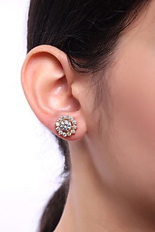 Gold Finish Zircon Stud Earrings In Sterling Silver