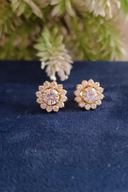 Gold Finish Zircon Stud Earrings In Sterling Silver