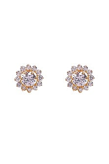 Gold Finish Zircon Stud Earrings In Sterling Silver