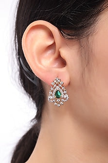 Gold Finish Zircon & Green Stone Dangler Earrings In Sterling Silver