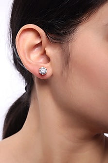 Gold Finish Zircon Stud Earrings In Sterling Silver