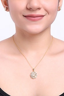 Gold Finish Kundan Polki & Pearl Pendant With Earrings In Sterling Silver