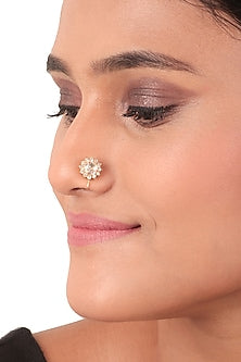Gold Finish Kundan Polki Nose Ring In Sterling Silver