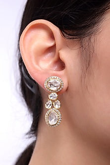 Gold Finish Kundan Polki Dangler Earrings In Sterling Silver
