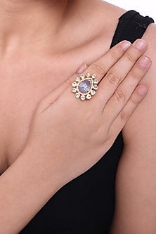 Gold Finish Kundan Polki & Blue Stone Ring In Sterling Silver
