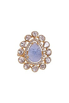 Gold Finish Kundan Polki & Blue Stone Ring In Sterling Silver