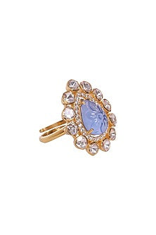 Gold Finish Kundan Polki & Blue Stone Ring In Sterling Silver