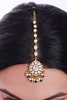 Gold Finish Kundan Polki Maangtikka In Sterling Silver