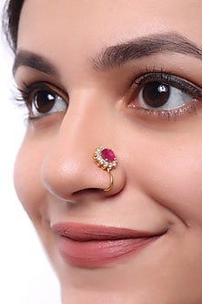 Gold Finish Zircon & Red Stone Nose Ring In Sterling Silver